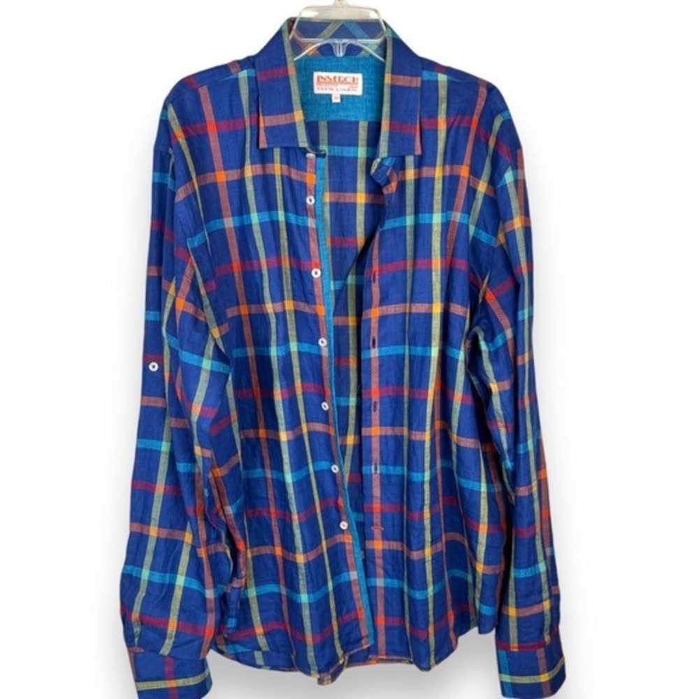 Mens Inserch 100% Linen‎ Plaid Shirt Size XL Colorful Rainbow Bright Preppy Bold
